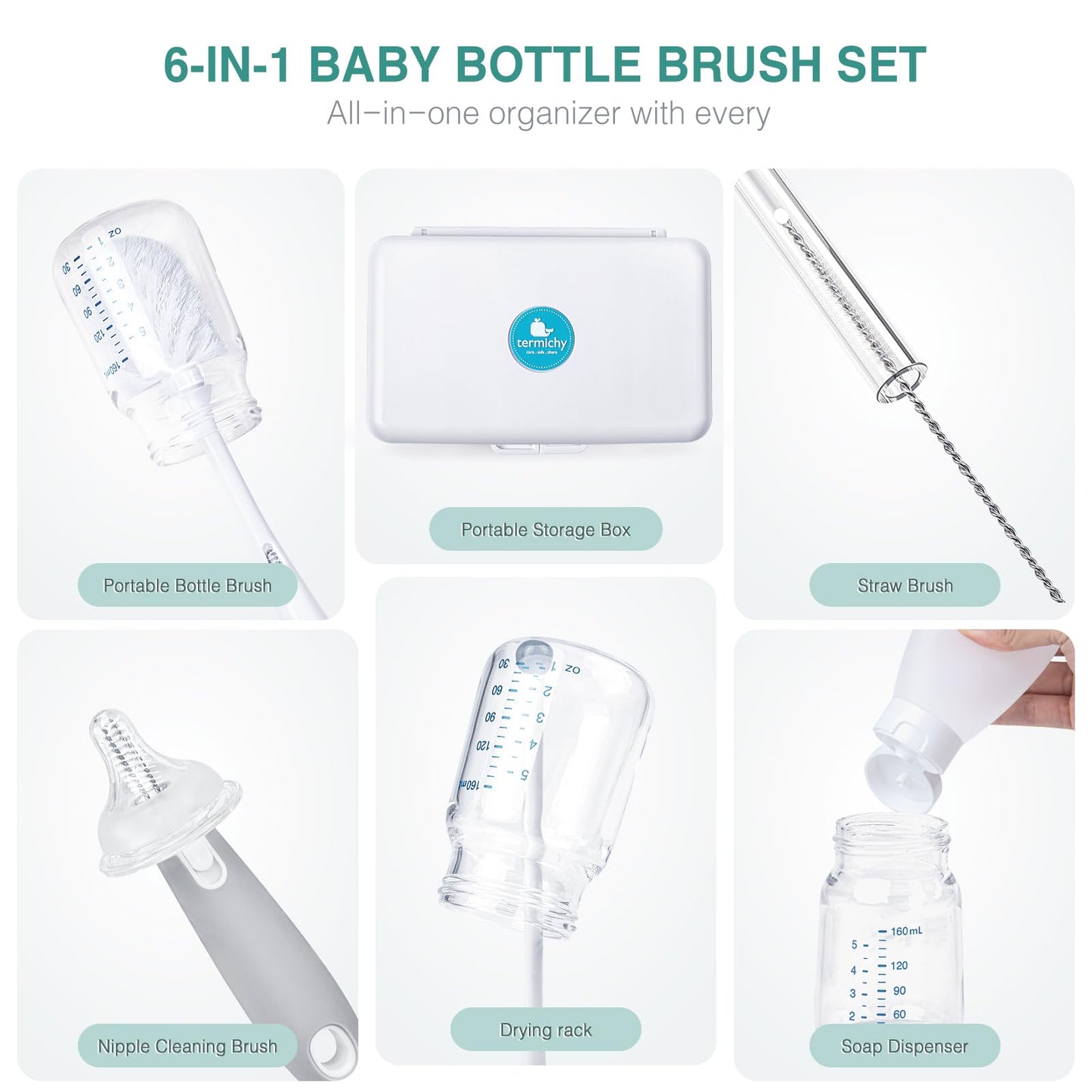 Termichy Travel Bottle Cleaning Kit: Portable Drying Rack & Brush Set for Working Moms - Compact Baby Essentials for Hotel & Camping