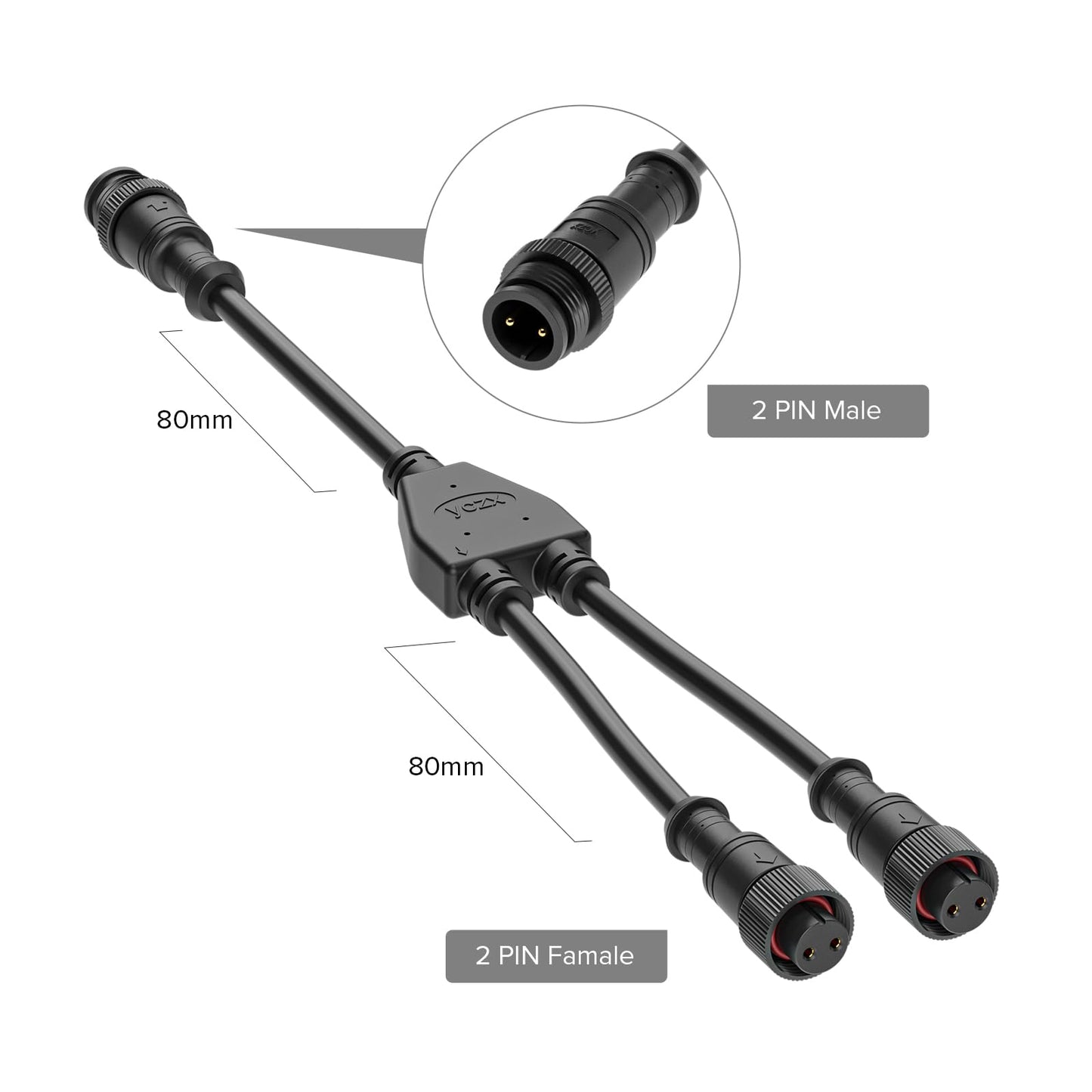 Btf-Lighting 2 Core 2 Pin Big Size Ip67 Y Shape 1 Male-Divided-2 Female Splitter Connctor Black Plastics 0.75Mm/18Awg 22Mm Metal Metal Nut Support All Btf-Lighting 2 Pin Big Size Ip67 Connectors