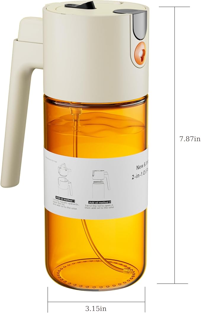 Upgrade 2 in 1 Oil Sprayer for Cooking, Olive Oil Dispenser Bottle for Kitchen Gadgets with Stickers, 17oz/500ml Food Grade Light-Blocking Glass Spray Bottle for Salad, Air Fryer, BBQ