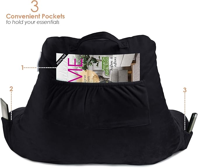 Nestl Reading Pillow Standard Bed Pillow, Back Pillow for Sitting in Bed Shredded Memory Foam Chair Pillow, Reading & Bed Rest Pillows Black Back Pillow for Bed, Bed Chair Arm Pillow with Pockets