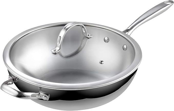 Cooks Standard Wok Pan Stainless Steel, 12-Inch Multi-Ply Clad Stir Fry Pan with Glass Lid, Induction Cookware, Silver
