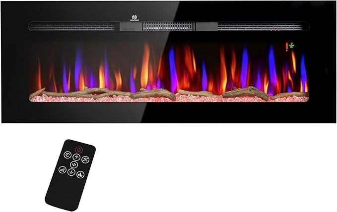 HOMCOM 50" Electric Fireplace Recessed and Wall Mounted with Remote Control, 1500W Fireplace Heater with 8H Timer, Adjustable Flame Color and Brightness, Log and Crystal