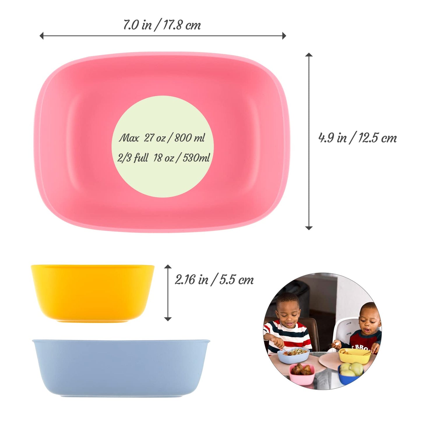 Sugarcane Kids Bowls 3Pack (27oz) - Natural Plastic Dishes for Toddler to Big Kids - Fried Rice & Noodles – Microwaves & Dishwasher Safe – BPA Free, Unbreakable, Reusable - Blue