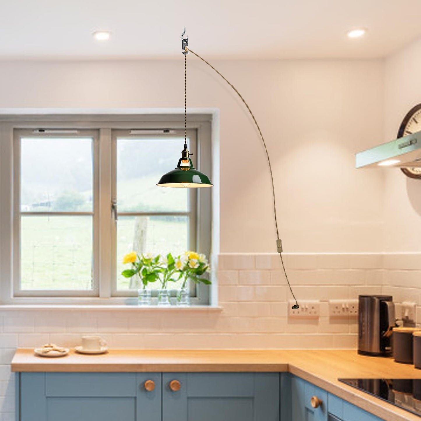 Yubole Modern Green Plug-In Pendant Light Macarons Kitchen Hanging Swag Lighting  Metal Barn Shade With On-Off Switch Plug Cord Light For Bedroom Foyer Dining Bar