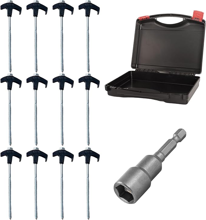 8" Screw in Tent Stakes - Ground Anchors Screw in, Screw in Tent Stakes Heavy Duty, Tent Pegs Camping Stakes, Metal Threaded Tent Spikes, Screw Tent Stakes with Hex Sleeves (12Pcs+Box Black)