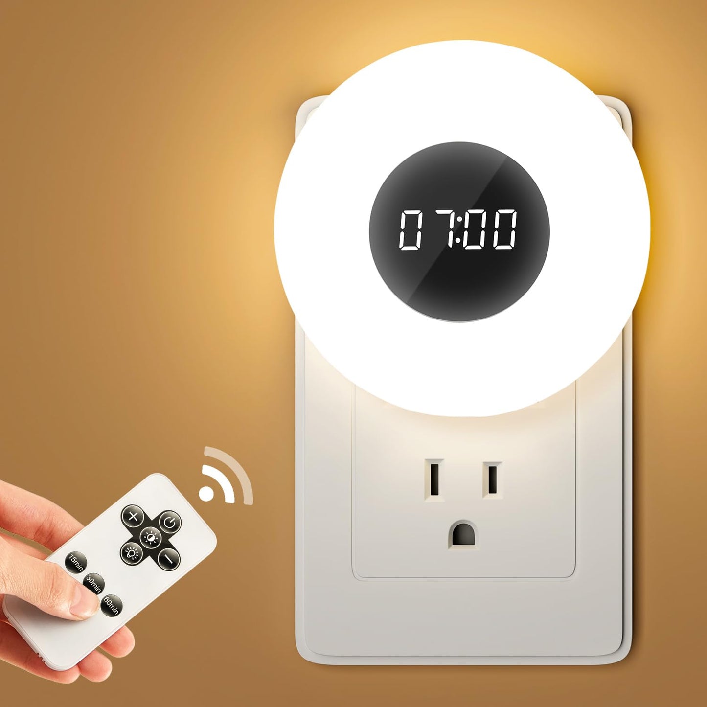 One Fire Night Light, 2PCS LED Plug-in Night Lights, Dimmable, 3 Light Colors, Bathroom Clock, Remote & Timer, ABS Material