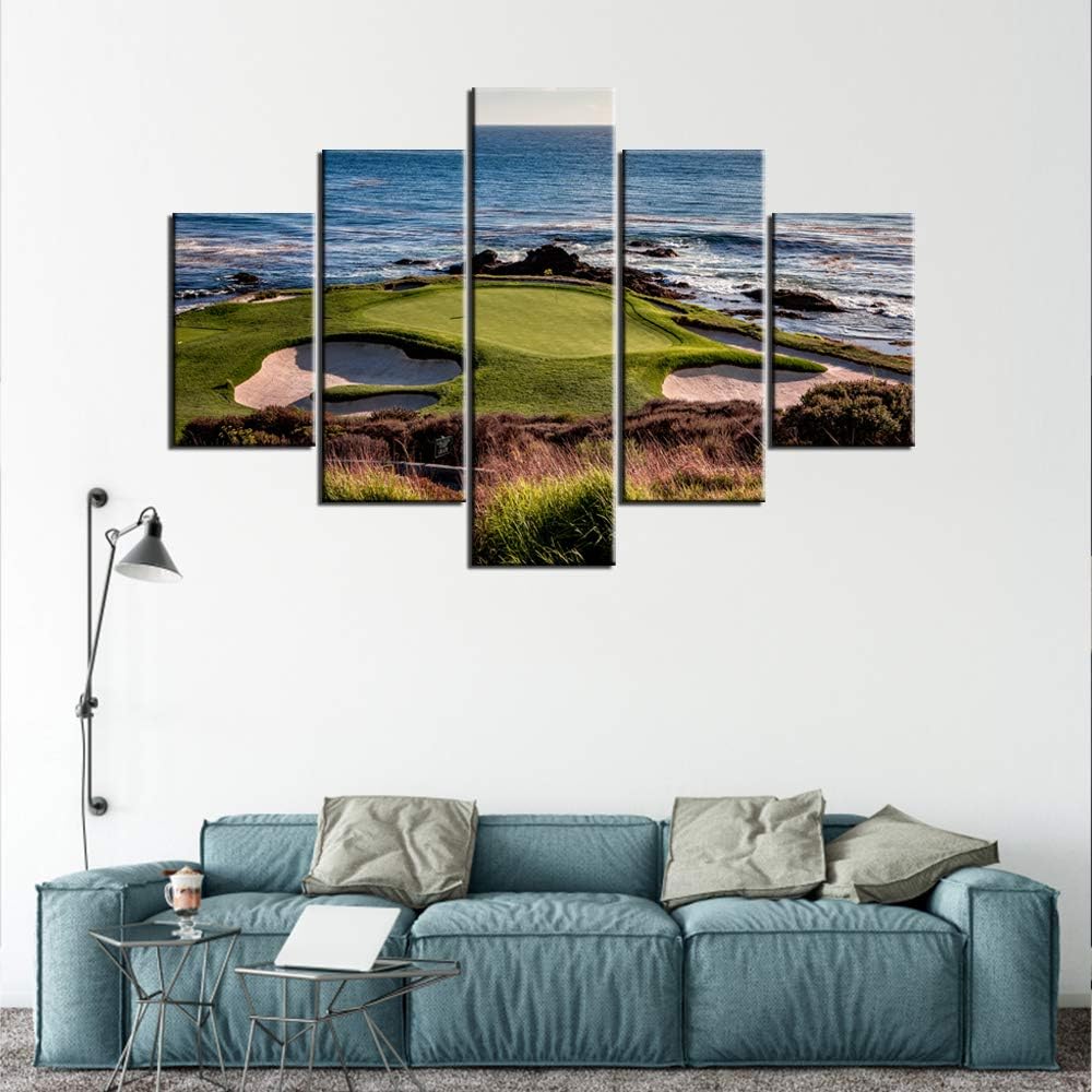 Golf Artwork for Walls Greens and Bunkers in California Paintings USA Landmark Picture Giclee 5 Panels Canvas Wall Art HD Prints Home Modern Decor Framed Ready to Hang in Living Room(60''W x 40''H)
