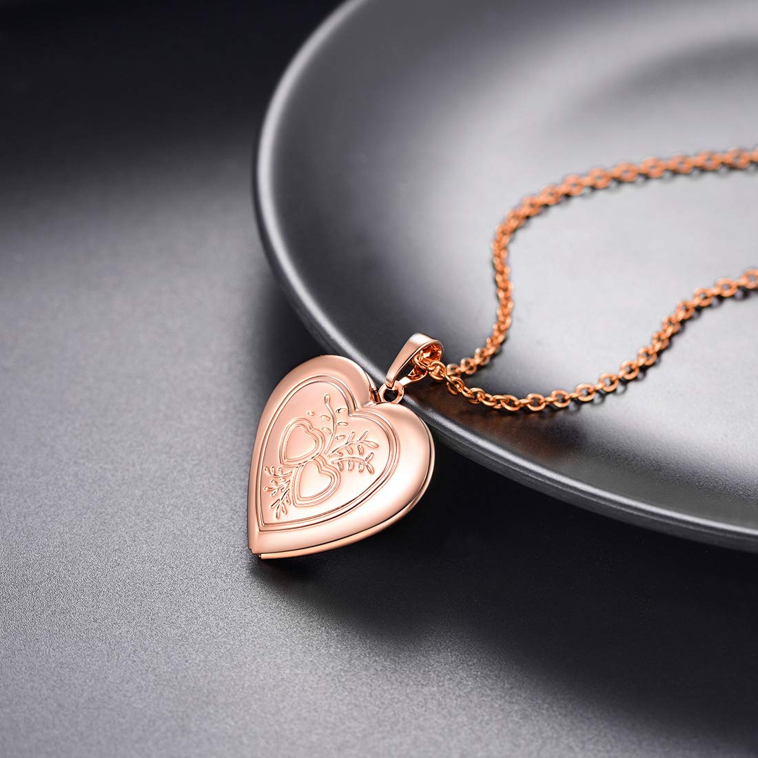U7 Women Rose Gold Plated Heart & Heart Photo Locket Necklace That Hold Picture, with Gift Box
