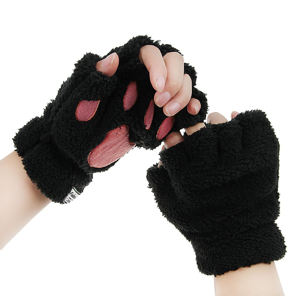 Starsource Lovely Cat Claw Bear Paw Style Winter Plush Half Finger Gloves Mitten For Girls,Black,One Size