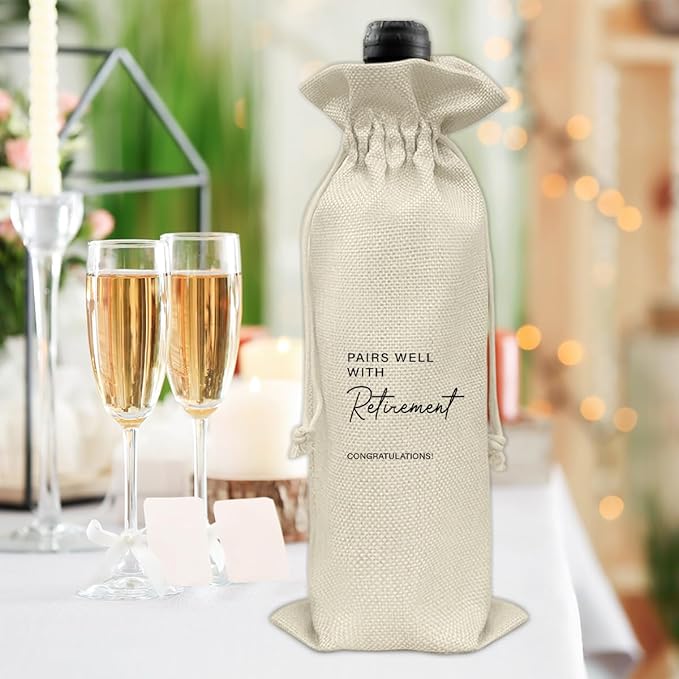 HOIJAUMAI Retirement Gift Wine Bag, Retired Gifts for Women Men, Going Away Goodbye Farewell Gifts for Coworker Friends, Pairs Well with Retirement Burlap Drawstring Wine Bag