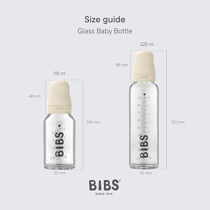 Bibs Baby Glass Bottle Starter Kit 4 Bottles, 3.7 oz & 7.6 oz | Anti-Colic Design, Vented Nipple, Breast-Like Transition | Lab-Grade Borosilicate Glass | Ivory