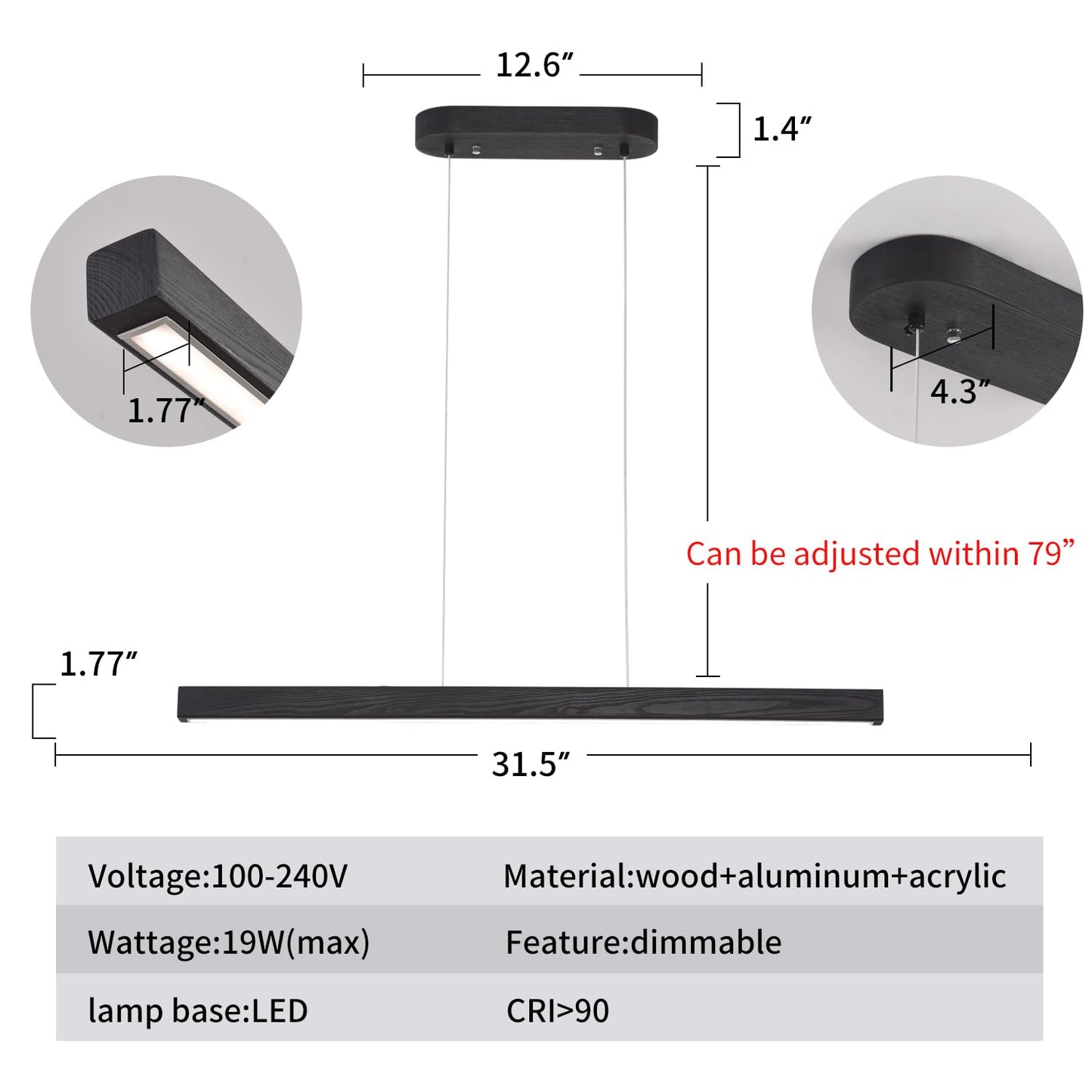 Black Wood Linear Pendant Light - Dimmable Led Chandelier With Remote  Modern Minimalist Lighting For Kitchen Islands  Dining Rooms & Pool Tables (Energy-Efficient 19W)