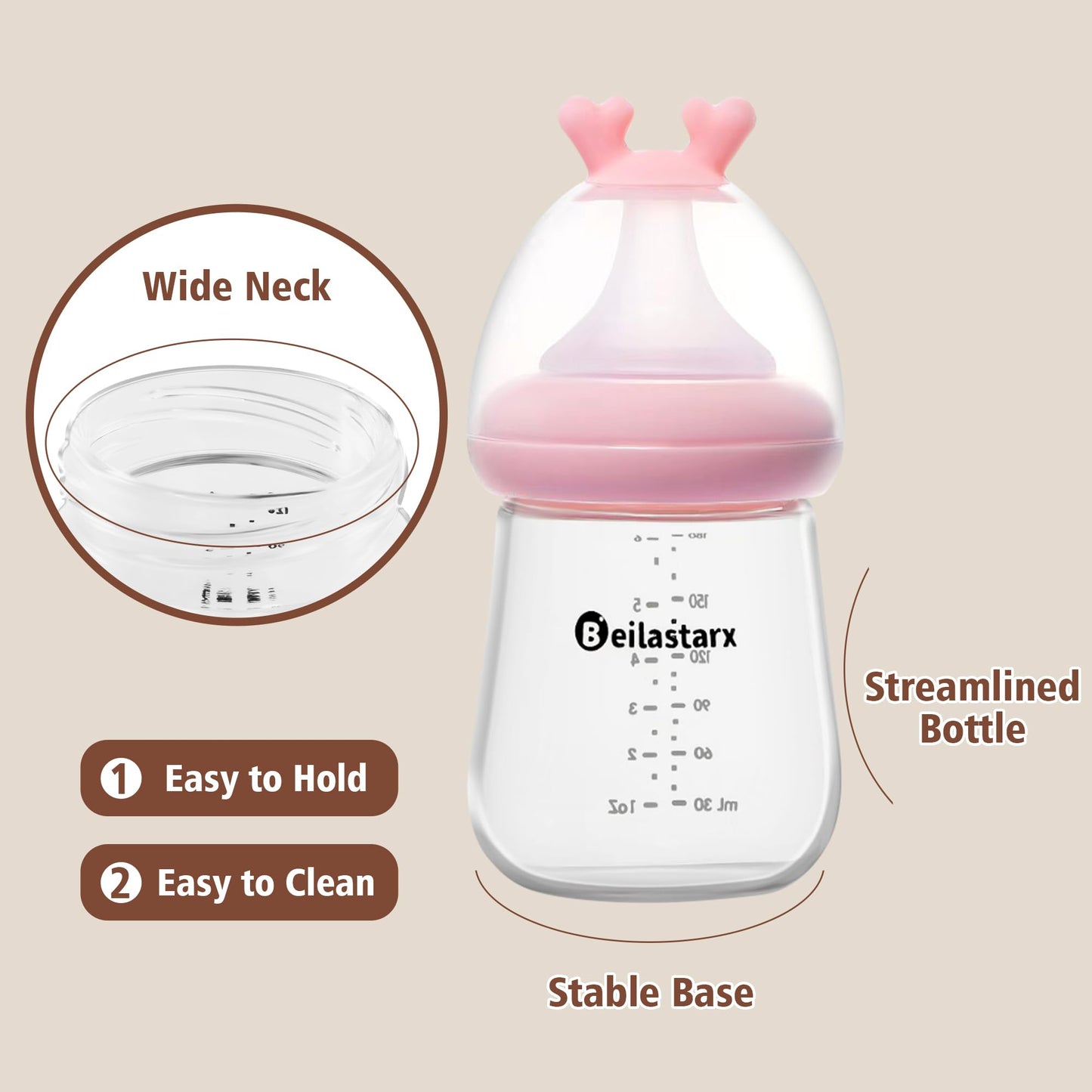 Beilastarx Glass Baby Bottles with Natural Response Nipple Size S - Anti Colic Baby Bottles Wide Neck Slow Flow Baby Bottle (Red, 6oz (Pack of 4))