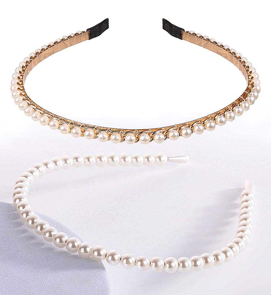 YARN & INK 2 Pcs Women's Thin Crystal Diamond Pearls Headbands Non Slip, Fashion Cute Headband Beaded Bling Daily Wear Hair Acce