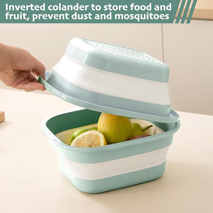 Collapsible Colander and Sink Basin Set - 2 in 1 Collapsible Colander Strainer with Collapsible Wash Basin for Kitchen, RV Camping, Foldable Fruit Vegetable Washing Basket, 2 QT, Blue