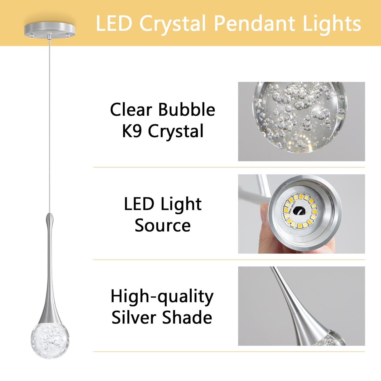Cenozo Modern Pendant Lights For Kitchen Island Led Dimmable Crystal Glam Ceiling Pendant Lighting For Dining Room Hallway Bedroom Corner Lamp Brushed Nickel