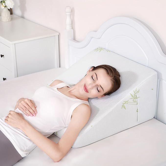 Bed Wedge Pillow with Memory Foam Top 12" Triangle Wedge Pillow for Sleeping Acid Reflux After Surgery Heartburn Snore Back Leg Knee Pain, Soft & Comfortable, Breathable & Durable Cover - Beige