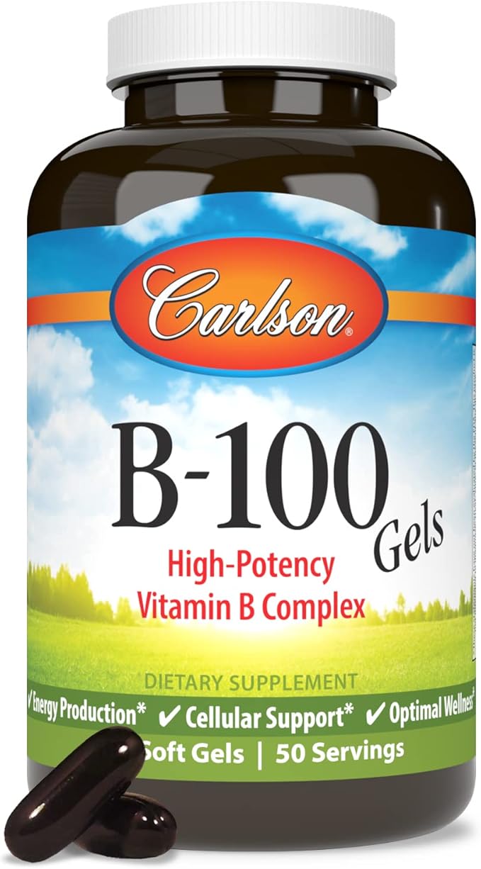 Carlson - B-100 Gels, High-Potency Vitamin B Complex, Energy Production, Cellular Support & Optimal Wellness, 100 Softgels