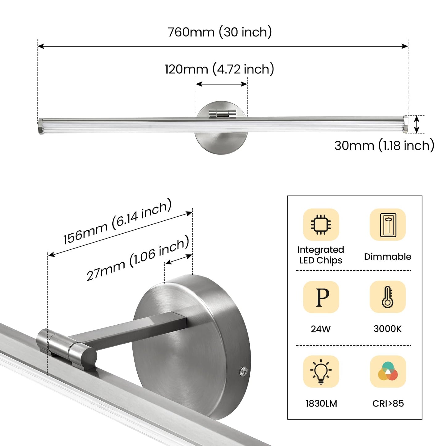 KAISITE Bathroom Light Fixture Over Mirror 30IN Brushed Nickel LED Vanity Light 24W 3000K Dimmable Modern Bathroom Wall Mount Lighting Fixture Rotatable Bath Vanity Light Bar