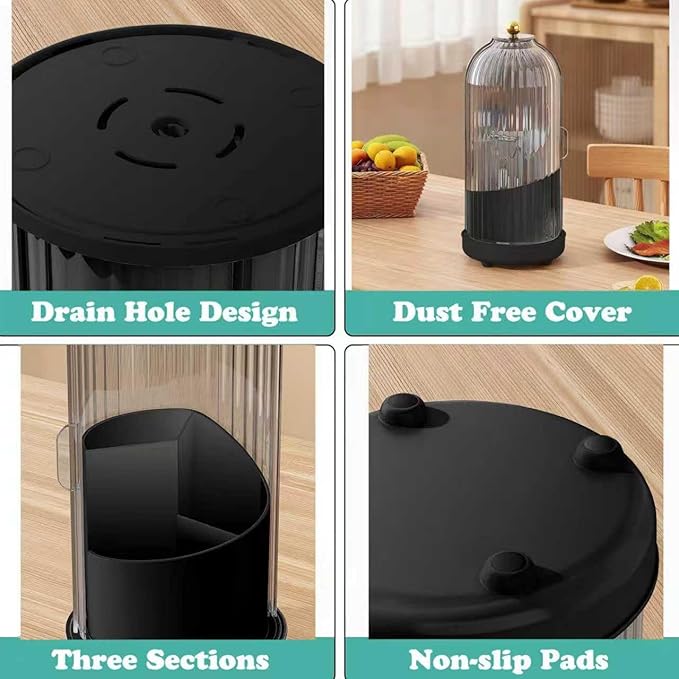 JEESA Utensil Holder with Lid, 360° Rotating Flatware Organizer for Cutlery Spoon Fork(H Less 8"), Silverware Caddy Organizer Drainage Dustproof Flatware Holder Kitchen Countertop Storage, Black