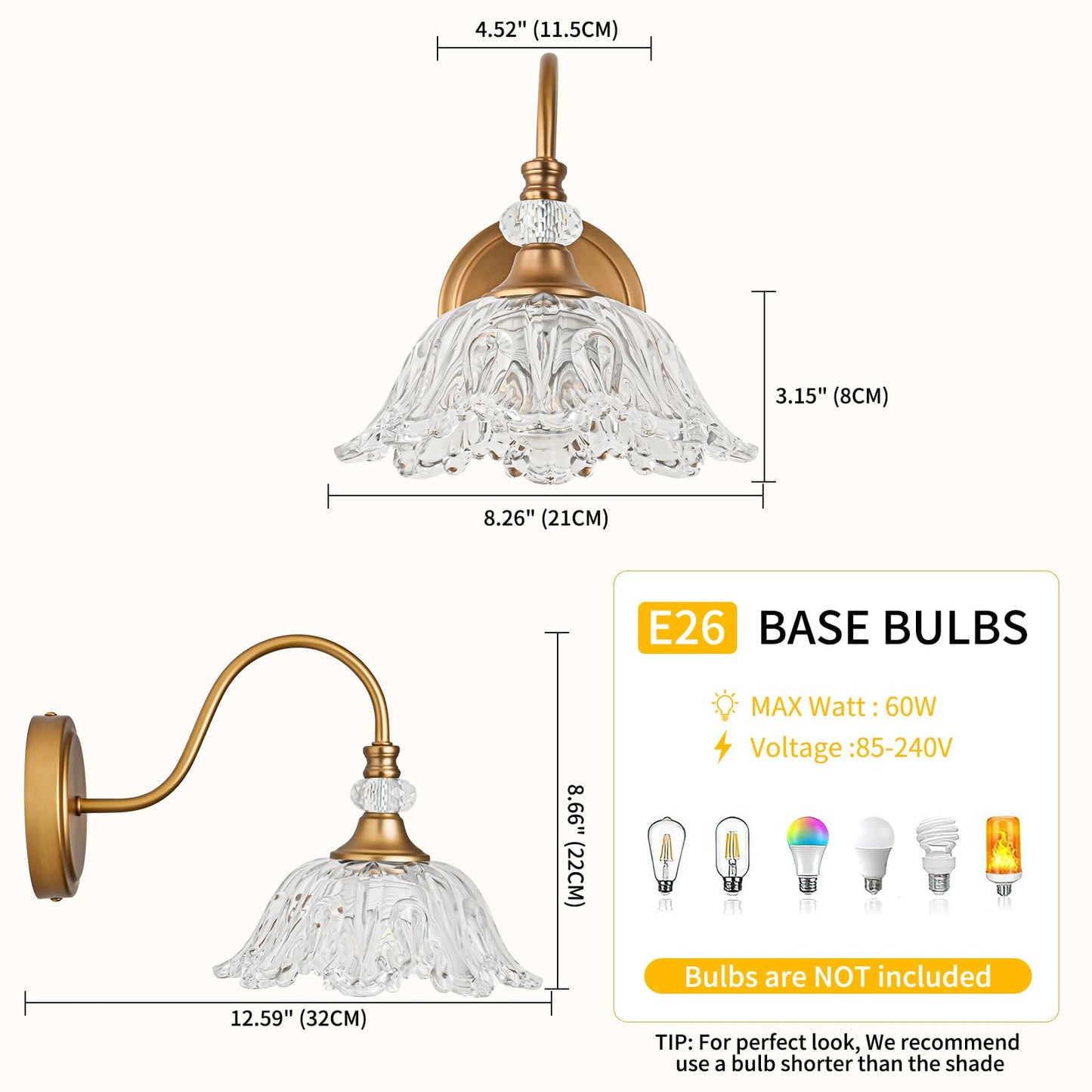 Sunkryster 1 Piece Vintage Wall Sconce With Floral Clear Glass Shade  Matte Deep Brass Finish Wall Mount Lighting For Bathroom Vintage Bathroom Vanity Light Fixture