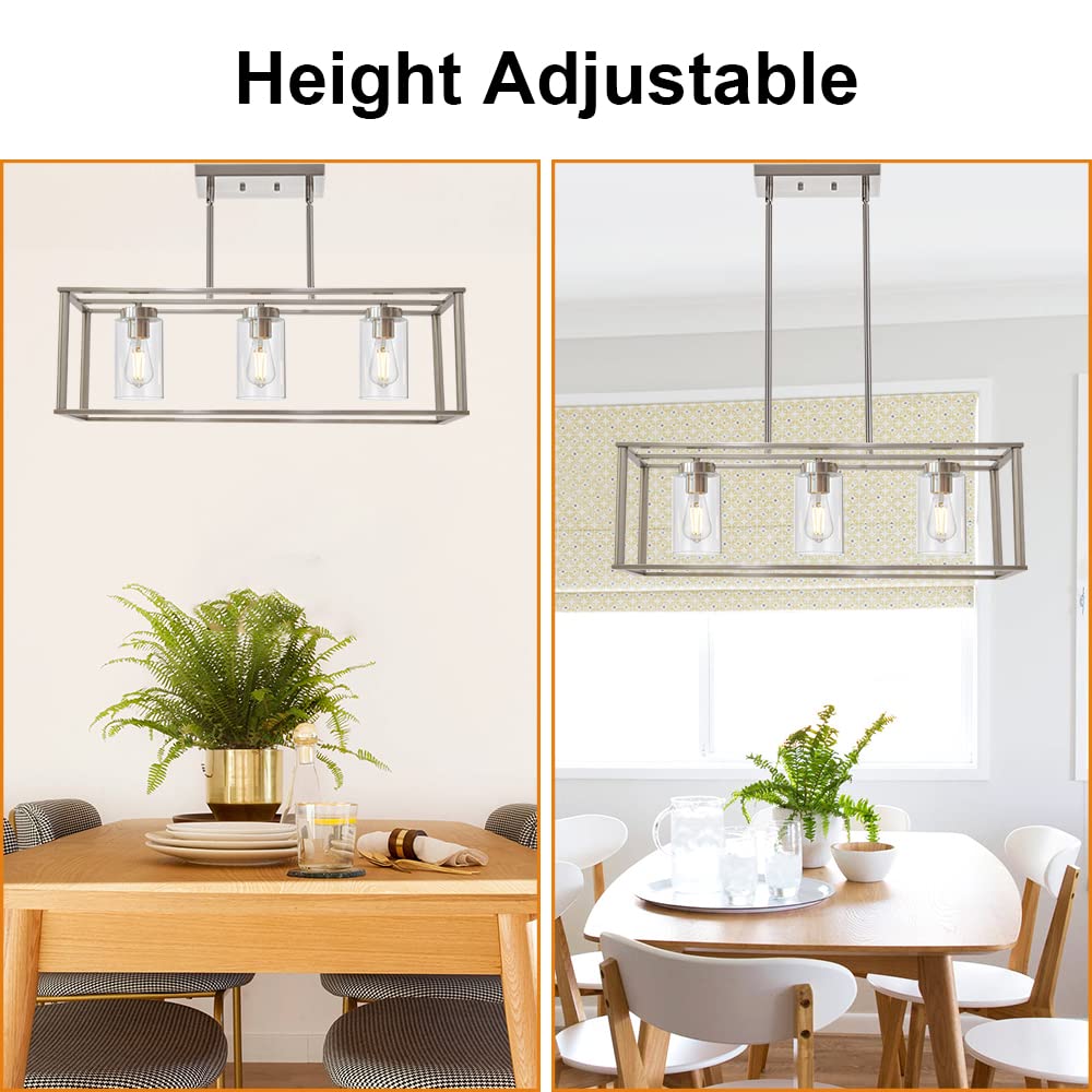 VINLUZ 3 Light Linear Chandelier Brushed Nickel Modern Pendant Light Fixture for Kitchen Island, Dining Room, Model 1811-3-SN