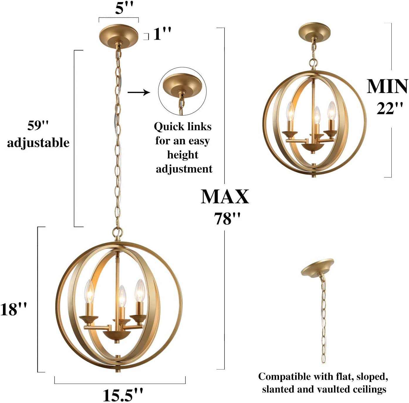KSANA Gold Orb Chandelier 3 Light Modern Fixture for Dining, Living Room, Bedroom, Foyer, Kitchen