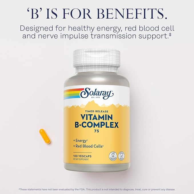 SOLARAY Vitamin B-Complex 75mg | Two-Stage Timed-Release for Extended Availability | Support for Hair, Skin, Nails, Nerves, Immune Function | 100 CT