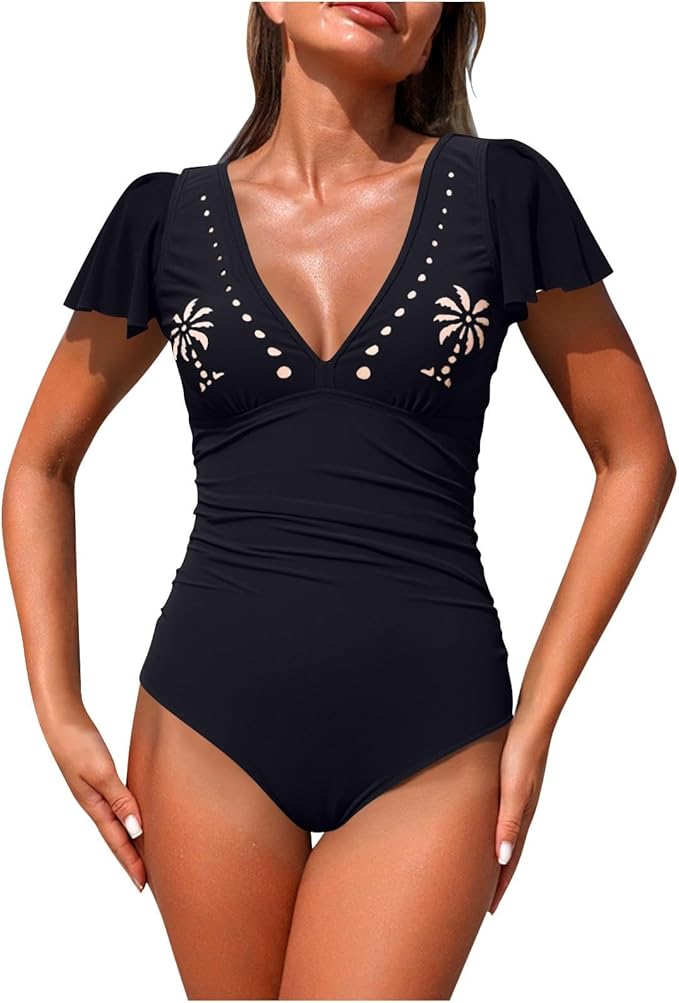 Sinzelimin Women's Monokini Bikini Hawaii Print Beachwear Sexy Deep-V One Piece Ruffles Cap Sleeves Stretchy Comfy Swimsuit