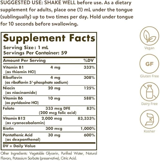 Solgar Sublingual Liquid B-12 2000 mcg with B-Complex, Supports Production of Energy - Nervous System - Promotes Heart Health - Vegan, Gluten Free, Kosher, 2 Fl Oz