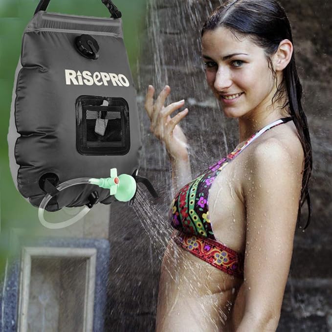 Solar Shower Bag, RISEPRO 5 gallons/20L Solar Heating Premium Camping Shower Bag Hot Water with Temperature 45°C Removable Hose on/Off Switchable Shower Head Hiking Climbing Summer Shower K8