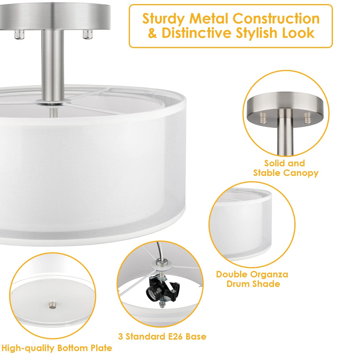 FOLKSMATE 3-Light Semi Flush Mount Ceiling Light Fixture, 16 Inch, White, Iron and Fabric, Model aeb9981f-cb92-4f8b-864