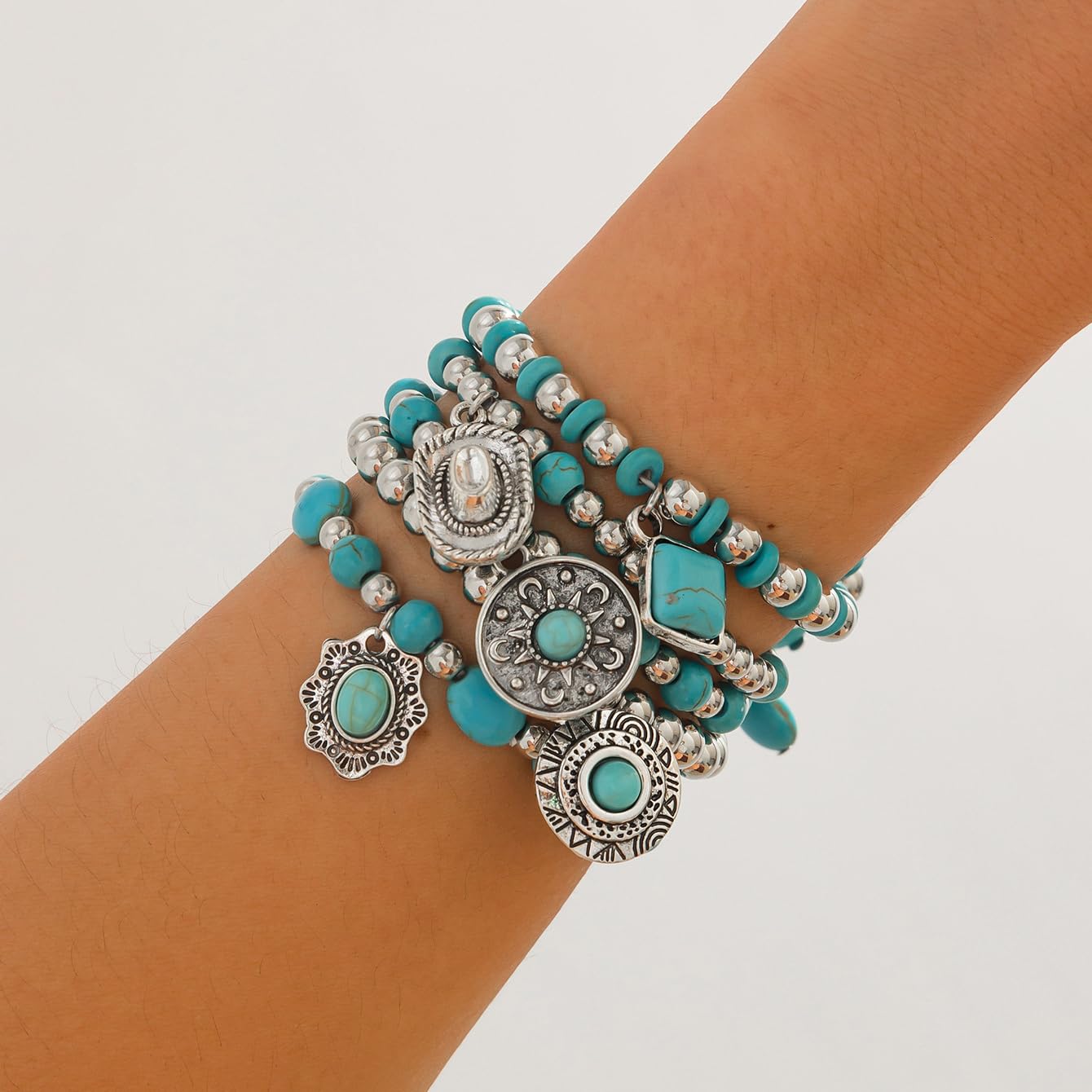 LKingel Turquoise Western Bracelets for Women Bohemian Vintage Stackable Turquoise Bracelet Rustic Beaded Cow Head Charm Stretch