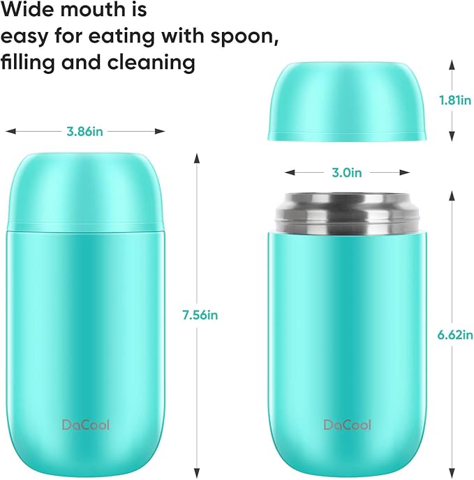 DaCool Insulated Lunch Container Hot Food Jar 24 oz Stainless Steel Vacuum Bento Lunch Box for Adult with Spoon Leak Proof Hot Food Insulated Container for Office Picnic Travel Outdoors, Cyan Blue