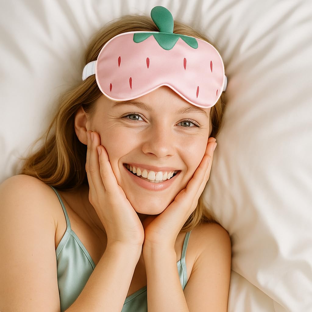 Orose Kids Silk Sleep Mask Cute Original Design for Boys & Girls, Double-Sided Mulberry Silk, Cartoon Pattern, Toddler Eye Mask, Children's Festival Christmas Gifts (Strawberry)