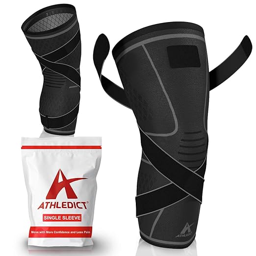 ATHLEDICT Knee Brace Compression Sleeve with Strap for Best Support & Pain Relief for Meniscus Tear, Arthritis, Running, B...
