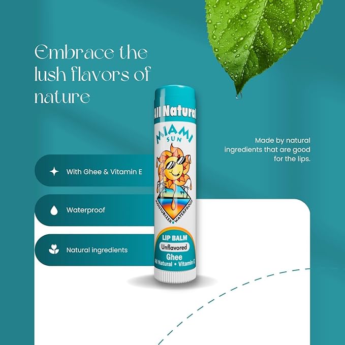 Miami Sun Natural Ghee Lip Balm, Hydrating Lip Treatment with Shea Butter & Beeswax, Organic & Non-Toxic, Best for Dry, Chapped Lips - Moisturizing, Healing, Chemical-Free Lip Care (1 Count, Natural)