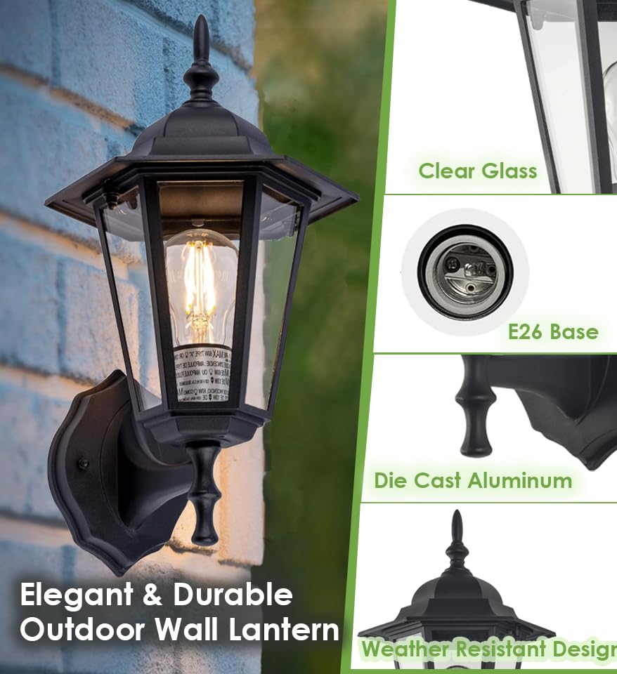 GRUENLICH Outdoor Wall Lantern Sconce, Black, 14 Inch, Aluminum Housing, E26 Base, Model GR-WL003-BK, Waterproof, 1 Pack