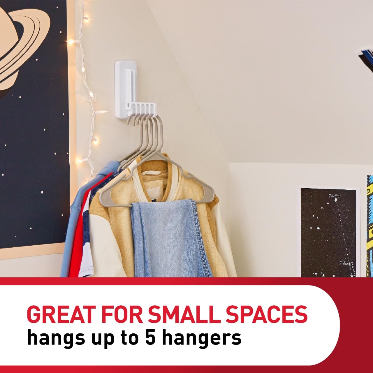 Command Folding Clothes Hanger, Holds up to 5 Hangers 7.5 lb, 1.5lbs per Rung, 1 Hook with 5 Rungs, 4 Strips, Closet Organizer, Home Organization