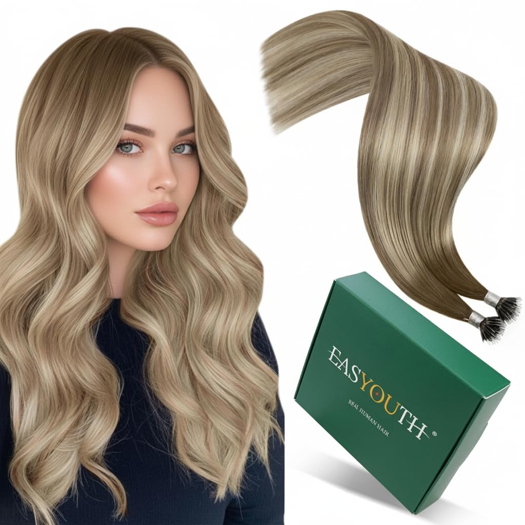 Easyouth Nano Hair Extensions Human Hair Ombre Nano Ring Hair Extensions Ombre Dark Brown to Brown with Blonde Nano Bead Hair Ex