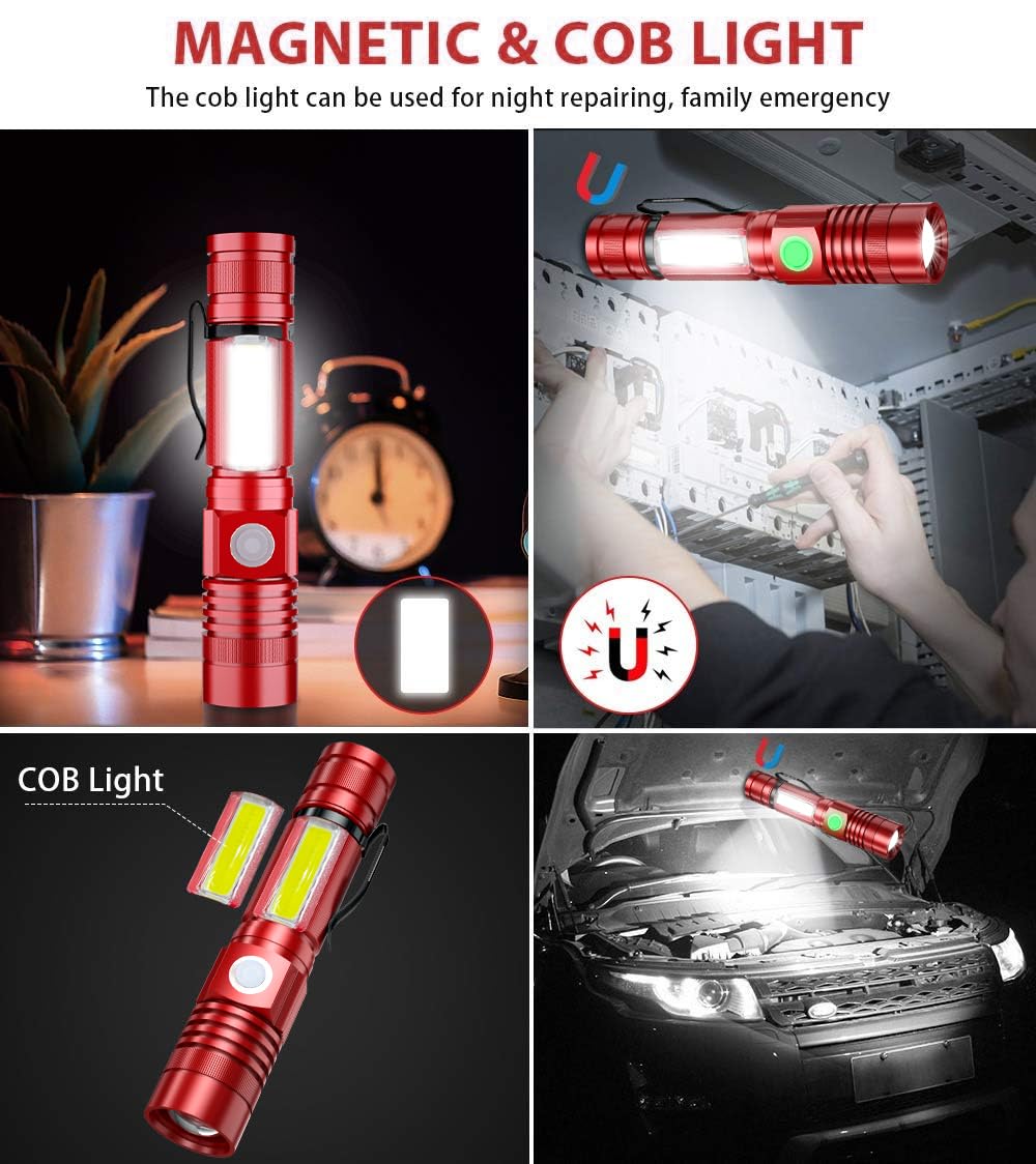 Vnina Rechargeable Tactical Flashlight - USB Magnetic, Zoomable, Waterproof, LED - 2 Pack Red, Model 006, Aluminum