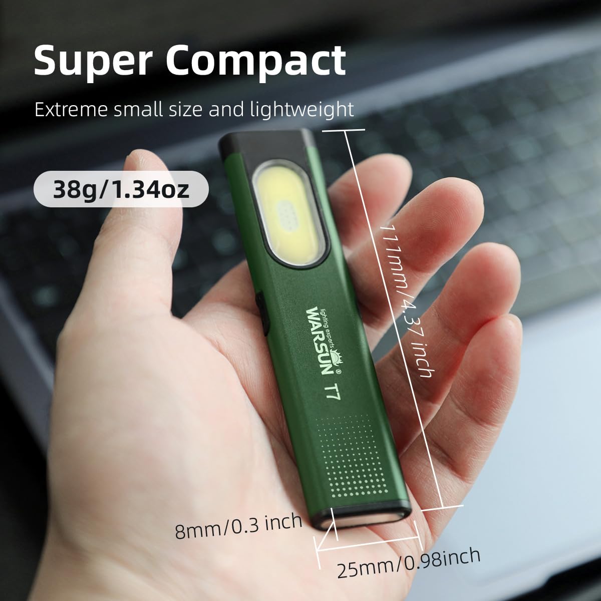 WARSUN Compact Pocket LED Flashlight - 675LM, USB-C Rechargeable, IPX4, Model T7, Green-1Pcs