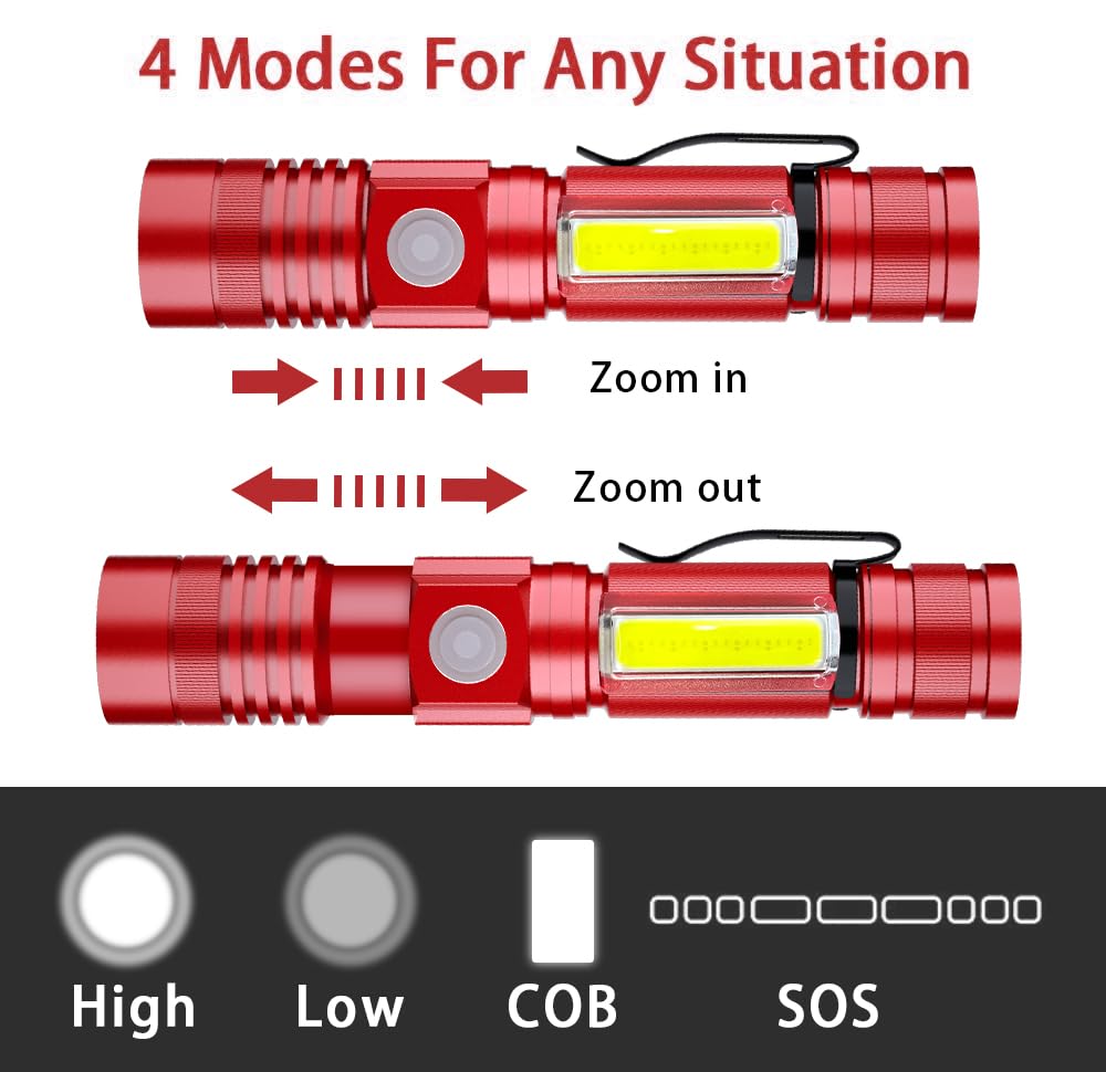 Vnina Rechargeable Tactical Flashlight - USB Magnetic, Zoomable, Waterproof, LED - 2 Pack Red, Model 006, Aluminum