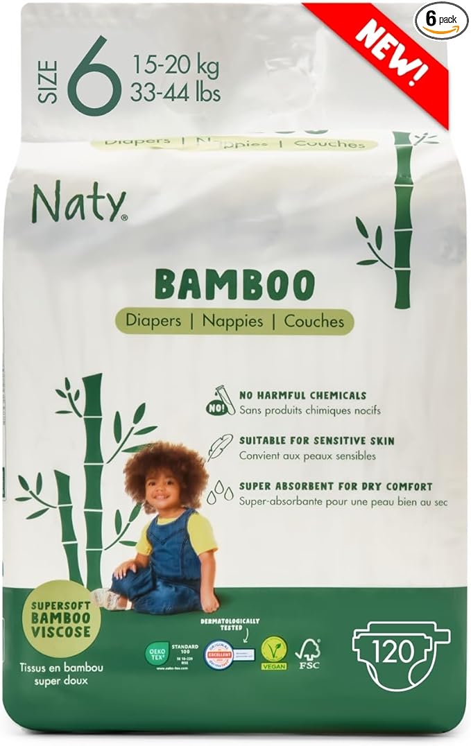 Naty Bamboo Viscose Baby Diapers – Silky Soft, Plant Based, Dermatologically Tested for Sensitive Skin & Super Absorbent (Size 6, 120 Count)