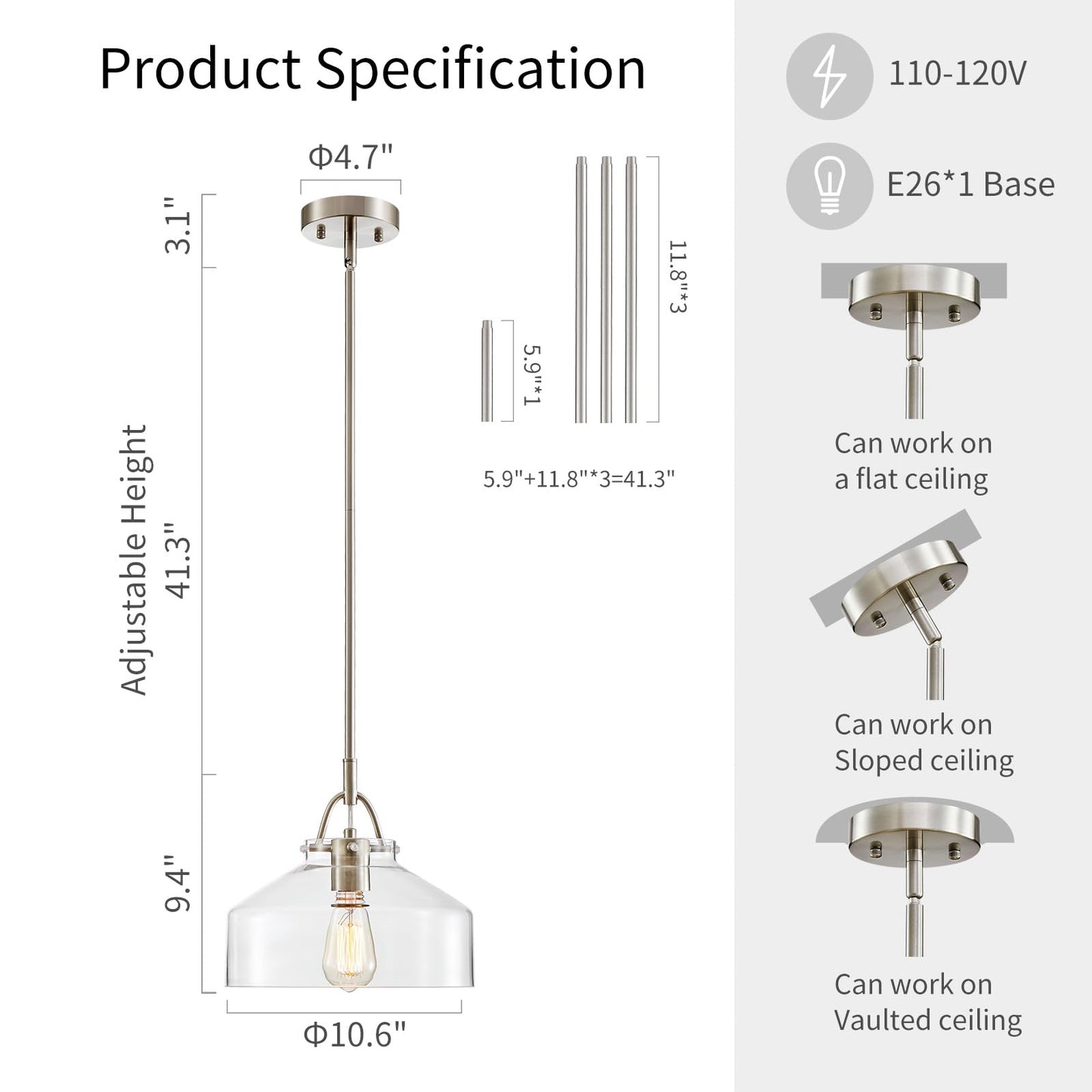 Wuzups Chandelier Rustic Farmhouse Industrial Round Ceiling Pendant Led Light Fixture With Clear Glass Shades For Dining Room Kitchen Island Foyer Entryway  H 9.4 X W 10.6  E26 Base  Brushed Nickel