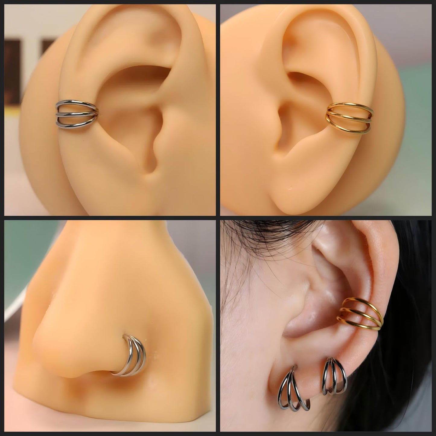 PEAKLINK 20G Triple Open Stacked Cartilage Conch Helix Earring Hoop 316L Surgical Steel Septum Nose Rings 10mm Lobe Earrings Uni