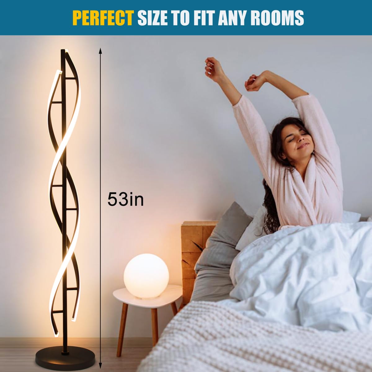 LENIVER LED Spiral Floor Lamp, Dimmable with Remote Control, Modern Design, Black, Model LNV-FL04-B