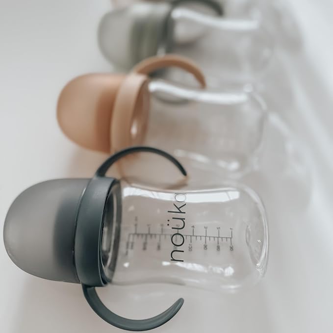 nouka Tritan Plastic Transitional Sippy Cup with Weighted Straw | Leak Proof and Easy Grip | Removable Handles | Soft Sand