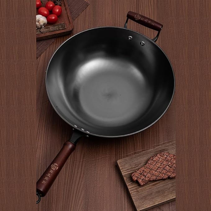 14inch Cast Iron Flat-bottom Wok, Traditional Chinese Cooking Pan, Saute Stir-Fry Cookware with Wooden Handle, Physical Non Stick, Use on Induction, Electric, Gas, Open Fire,BBQ,Grill &Camping