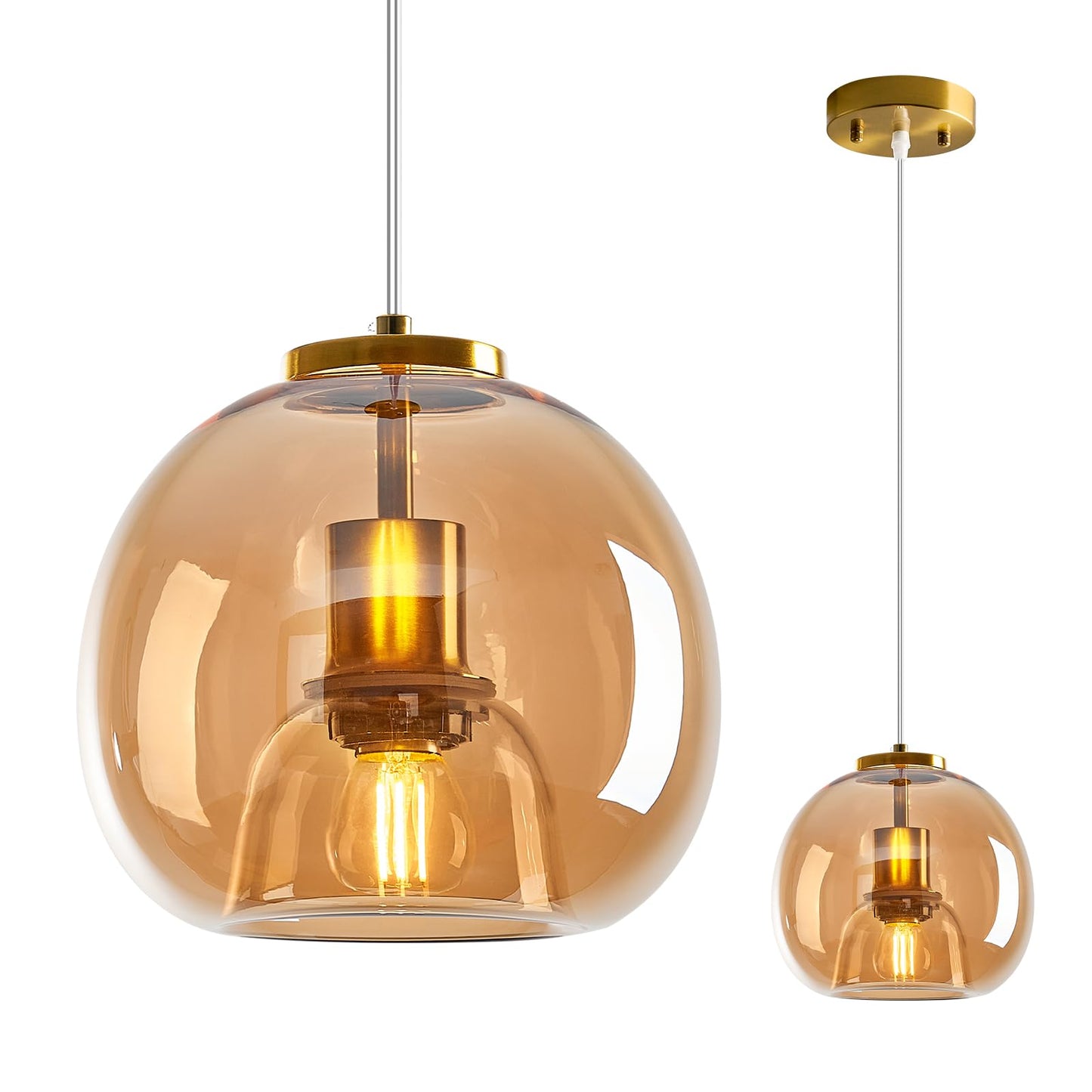 Lbsqj Amber Glass Pendant Lights Kitchen Island Gold Hanging Light Fixture Glass Globe Pendant Light Modern Pendant Lighting For Kitchen Island Bedroom Dining Room (7.87  1 Pack)